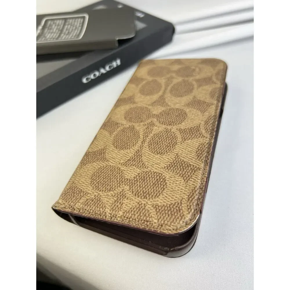 Coach 2024 iPhone 16 Folio Wallet Case Signature C Khaki Tan - Box Included